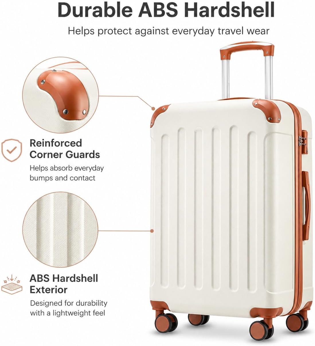 Carry On Luggage 22x14x9 Airline Approved, Hardside Suitcase with Wheels, TSA Approved, Tote Bag, White Brown