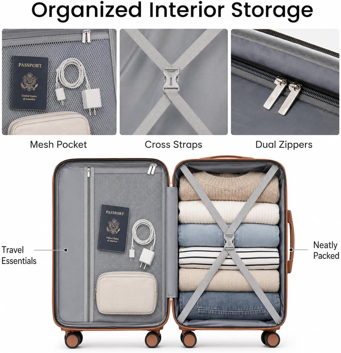Carry On Luggage 22x14x9 Airline Approved, Hardside Suitcase with Wheels, TSA Approved, Tote Bag, White Brown