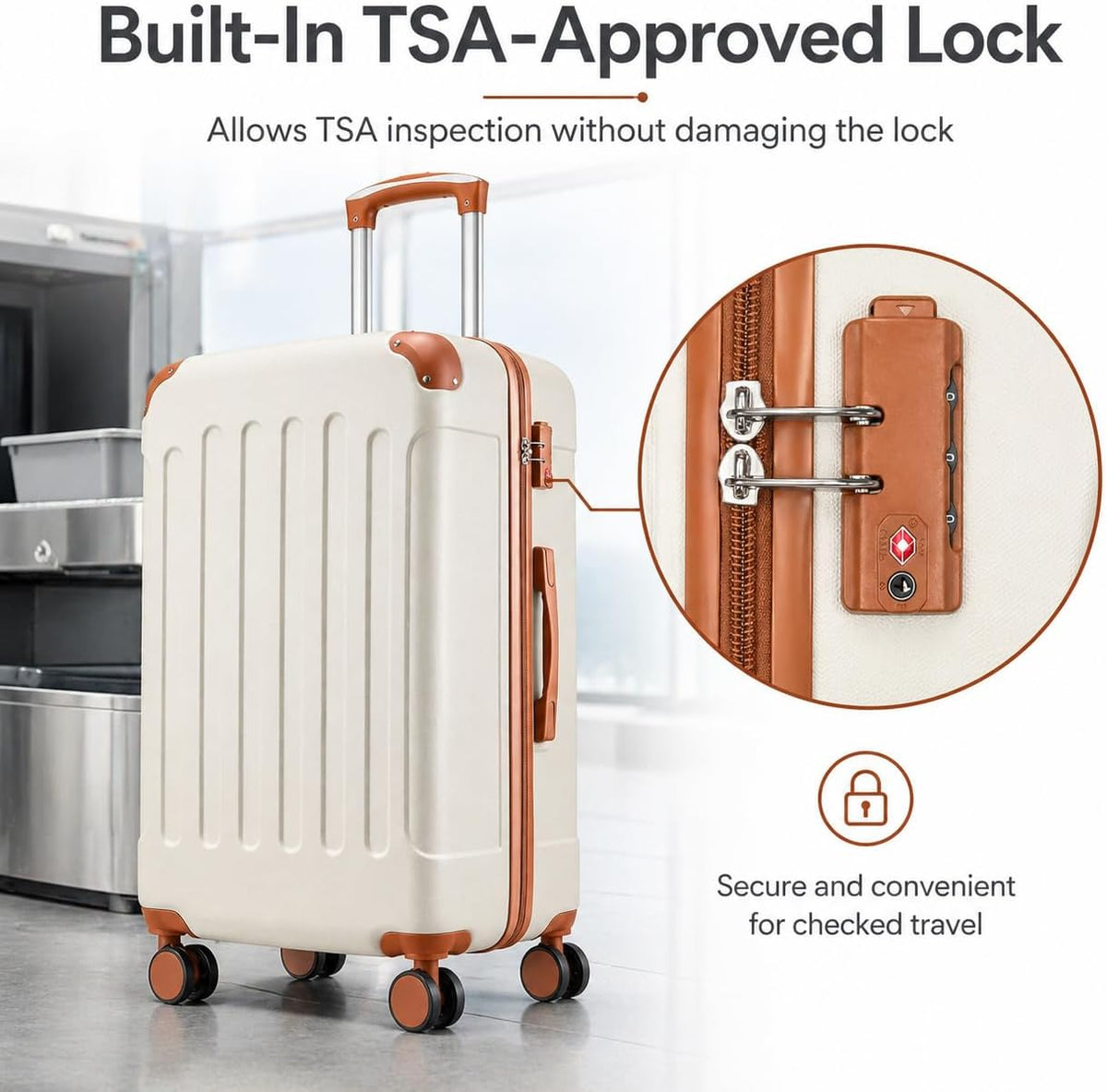 Carry On Luggage 22x14x9 Airline Approved, Hardside Suitcase with Wheels, TSA Approved, Tote Bag, White Brown