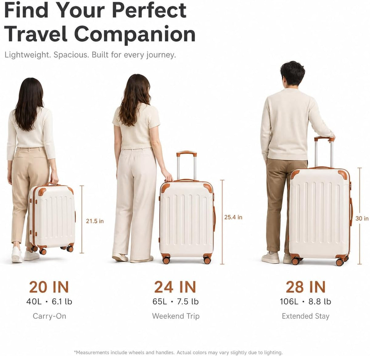 Carry On Luggage 22x14x9 Airline Approved, Hardside Suitcase with Wheels, TSA Approved, Tote Bag, White Brown