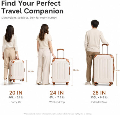 Carry On Luggage 22x14x9 Airline Approved, Hardside Suitcase with Wheels, TSA Approved, Tote Bag, White Brown
