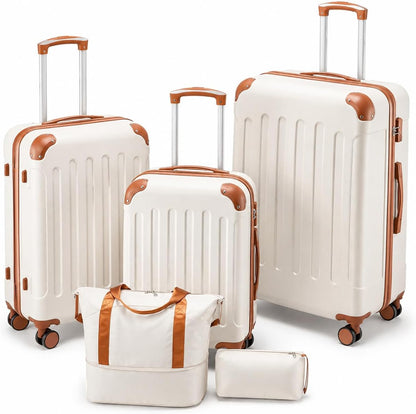 Carry On Luggage 22x14x9 Airline Approved, Hardside Suitcase with Wheels, TSA Approved, Tote Bag, White Brown