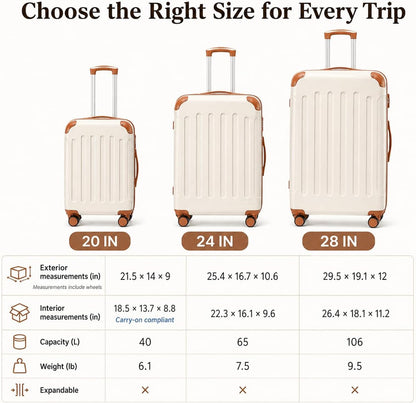 Carry On Luggage 22x14x9 Airline Approved, Hardside Suitcase with Wheels, TSA Approved, Tote Bag, White Brown