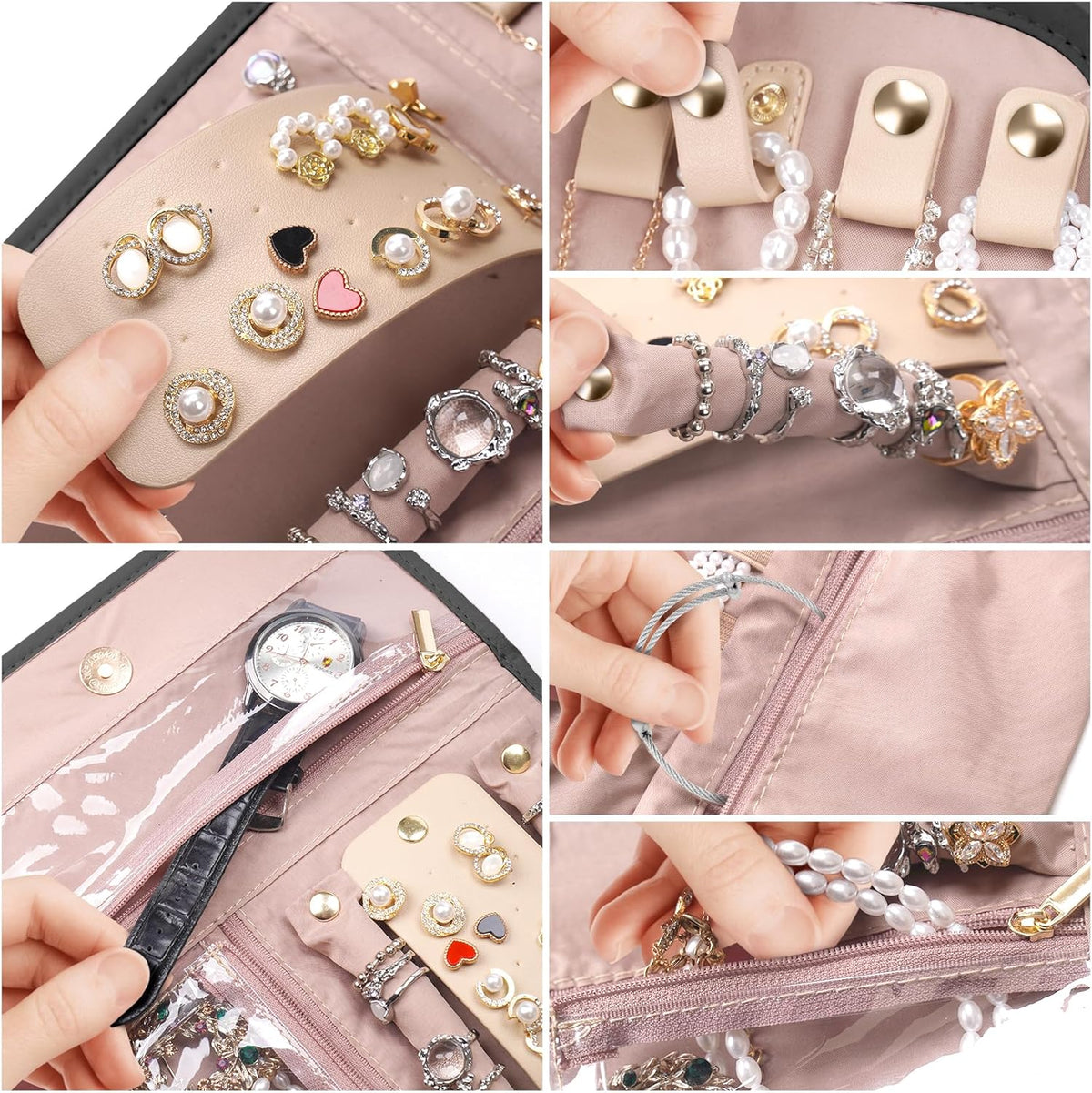 Travel Jewelry Organizer Box, Foldable Travel Case for Earrings, Necklaces, Rings, Bracelets, Black