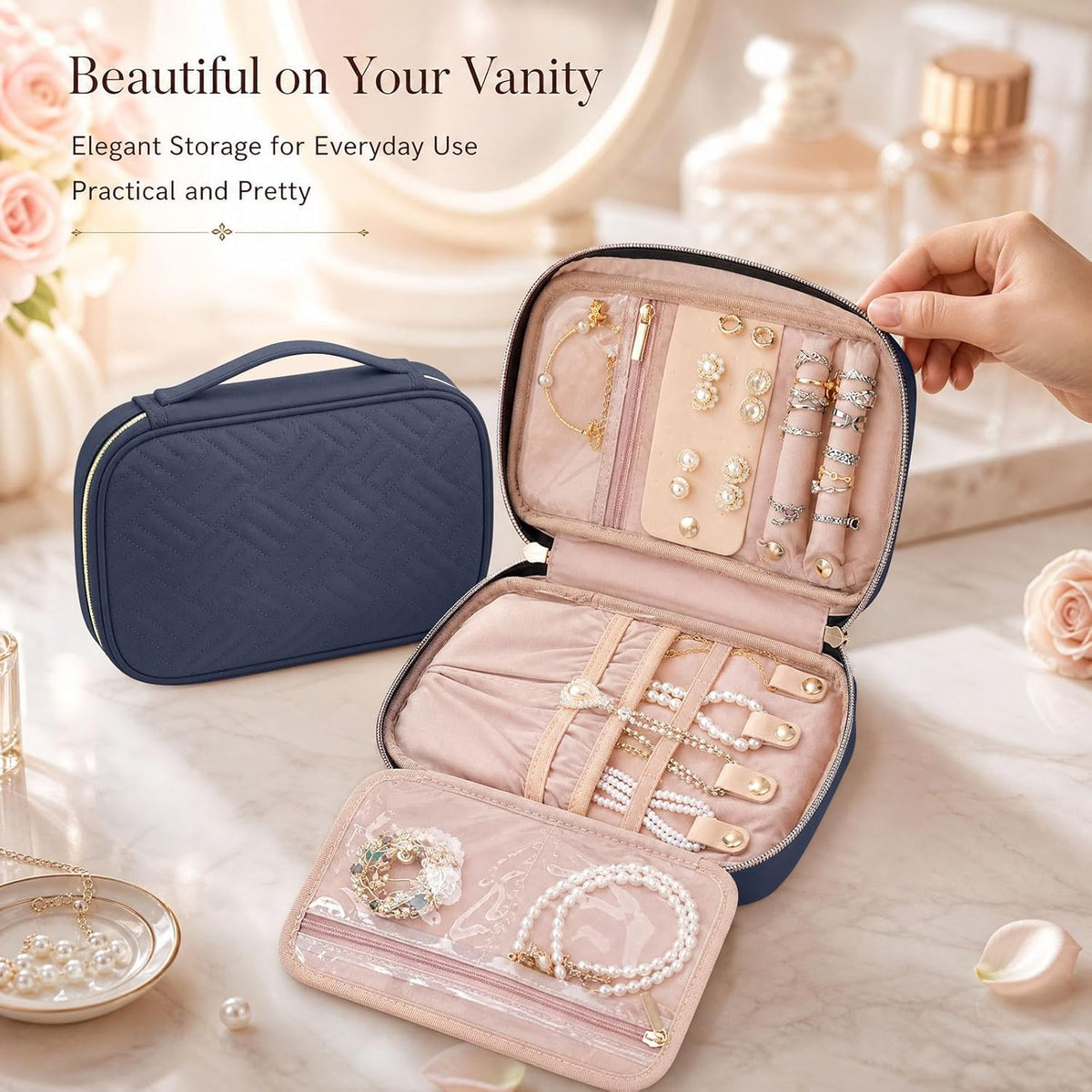 Travel Jewelry Organizer Box, Foldable Travel Case for Earrings, Necklaces, Rings, Bracelets, Black