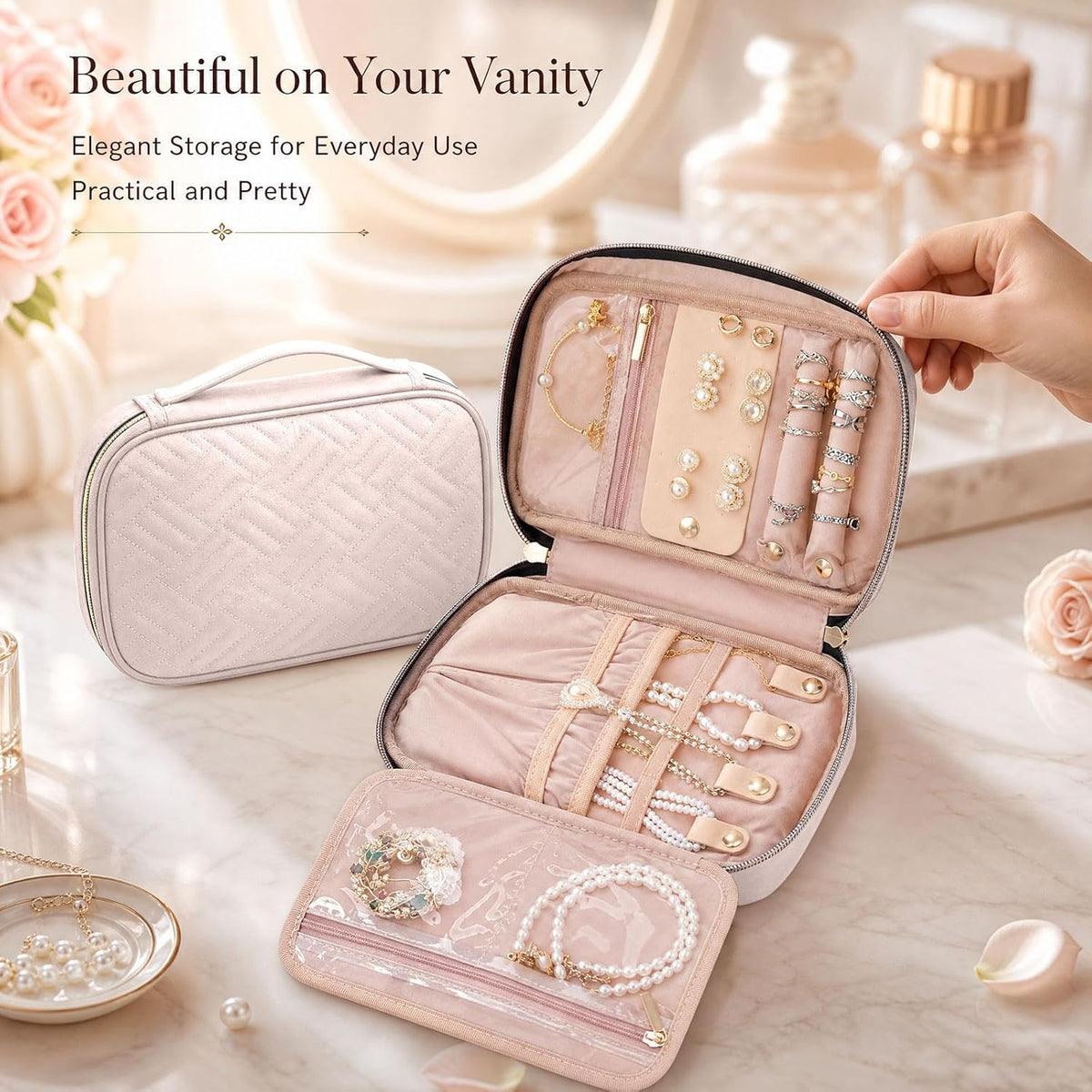 Travel Jewelry Organizer Box, Foldable Travel Case for Earrings, Necklaces, Rings, Bracelets, Black
