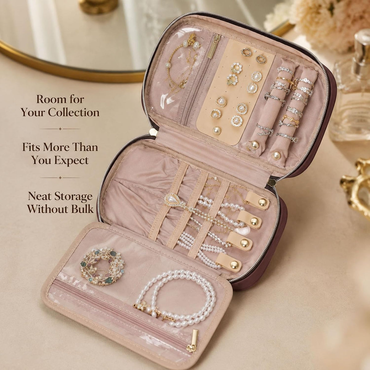 Travel Jewelry Organizer Box, Foldable Travel Case for Earrings, Necklaces, Rings, Bracelets, Black