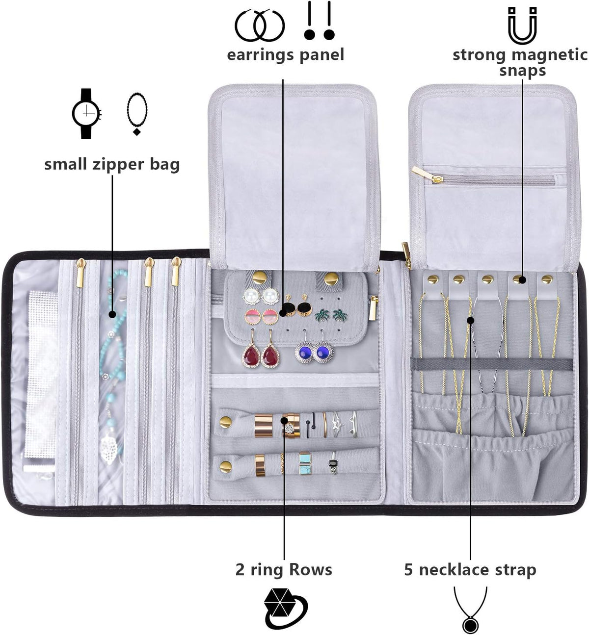 Velvet Travel Jewelry Roll, Jewelry Storage Bag Organizer for Necklaces, Earrings, Bracelets, Rings, Brooches and More, Compact and Easy to Carry (Large, Velvet- Black)