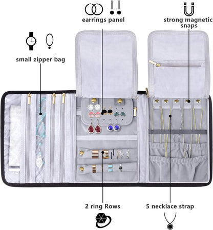 Velvet Travel Jewelry Roll, Jewelry Storage Bag Organizer for Necklaces, Earrings, Bracelets, Rings, Brooches and More, Compact and Easy to Carry (Large, Velvet- Black)