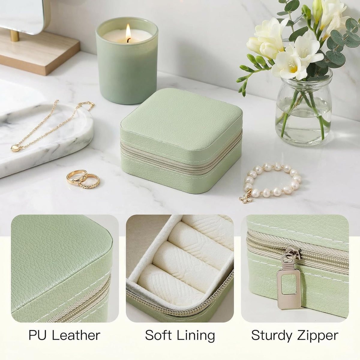 Travel Jewelry Case, Small Jewelry Box Portable Jewelry Travel Organizer Display Storage Case for Rings Earring Necklace Bracelet, Gift for Women Girls, Green