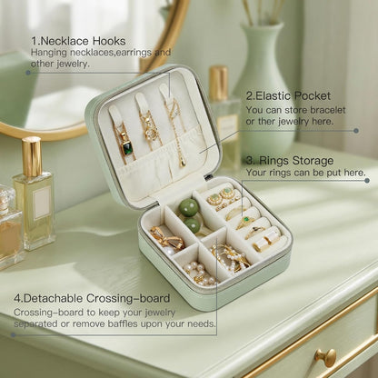 Travel Jewelry Case, Small Jewelry Box Portable Jewelry Travel Organizer Display Storage Case for Rings Earring Necklace Bracelet, Gift for Women Girls, Green