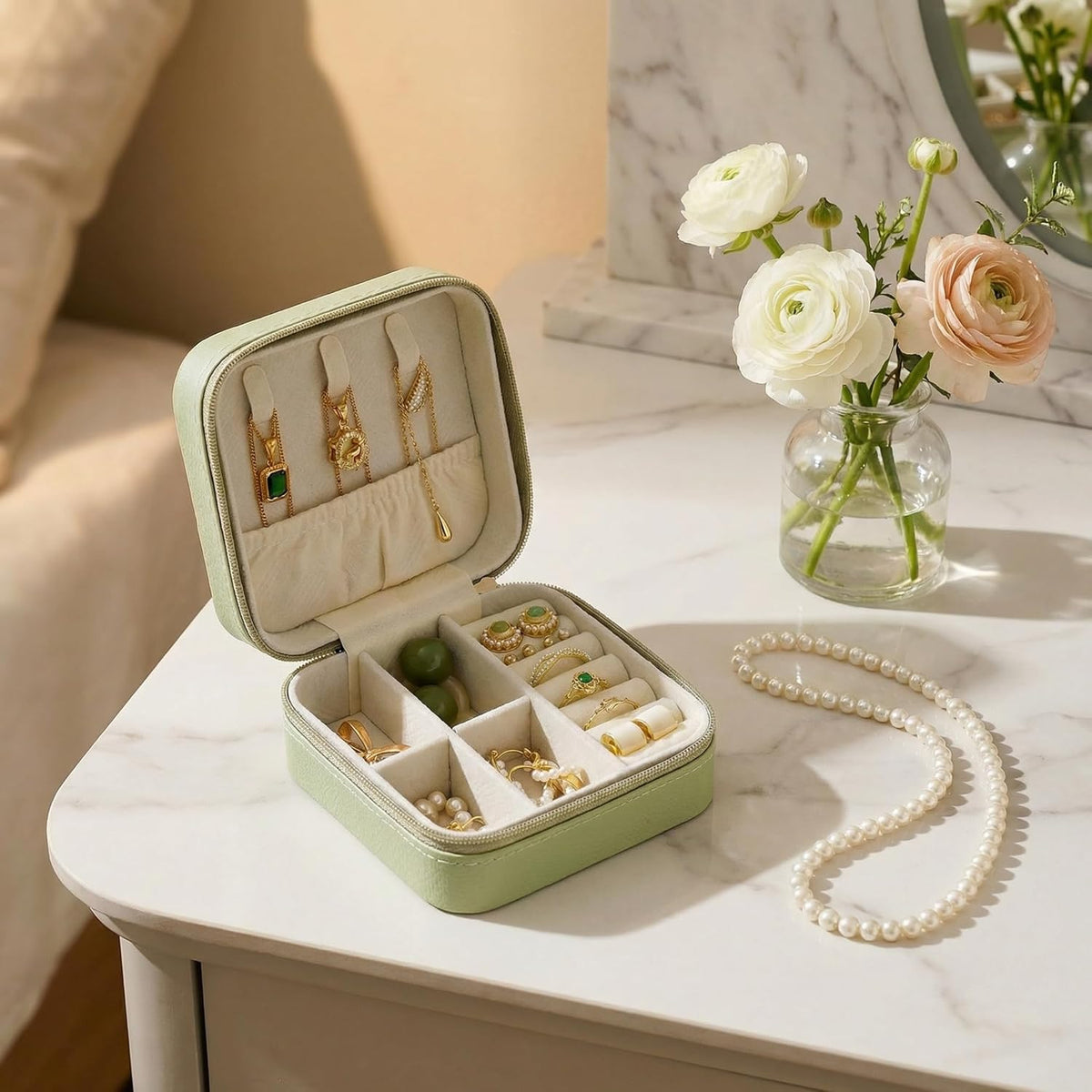 Travel Jewelry Case, Small Jewelry Box Portable Jewelry Travel Organizer Display Storage Case for Rings Earring Necklace Bracelet, Gift for Women Girls, Green