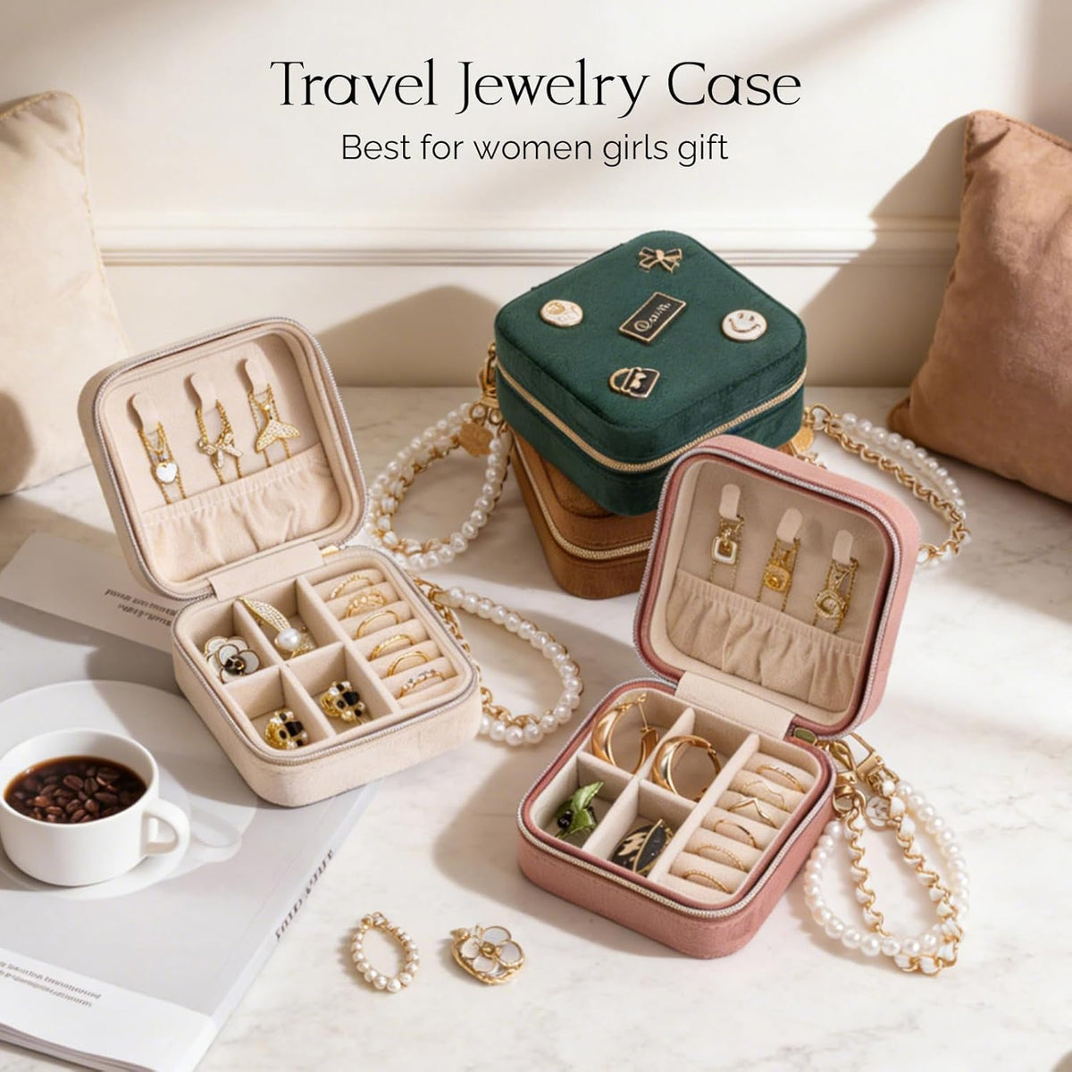 Travel Jewelry Case, Small Jewelry Box Portable Jewelry Travel Organizer Display Storage Case for Rings Earring Necklace Bracelet, Gift for Women Girls, Green