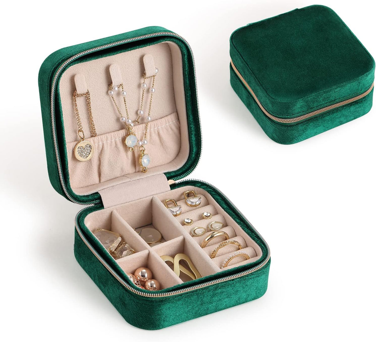 Travel Jewelry Case, Small Jewelry Box Portable Jewelry Travel Organizer Display Storage Case for Rings Earring Necklace Bracelet, Gift for Women Girls, Green