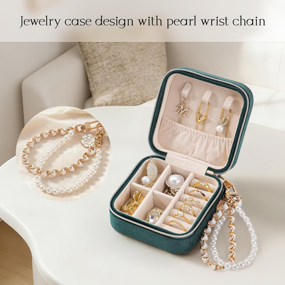 Travel Jewelry Case, Small Jewelry Box Portable Jewelry Travel Organizer Display Storage Case for Rings Earring Necklace Bracelet, Gift for Women Girls, Green