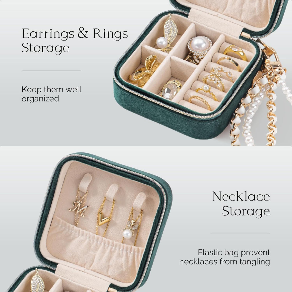 Travel Jewelry Case, Small Jewelry Box Portable Jewelry Travel Organizer Display Storage Case for Rings Earring Necklace Bracelet, Gift for Women Girls, Green