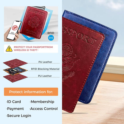Passport Holder for Travel Essentials RFID Blocking Wallet Card Case PU Leather Passport Cover Women and Men (Blue)