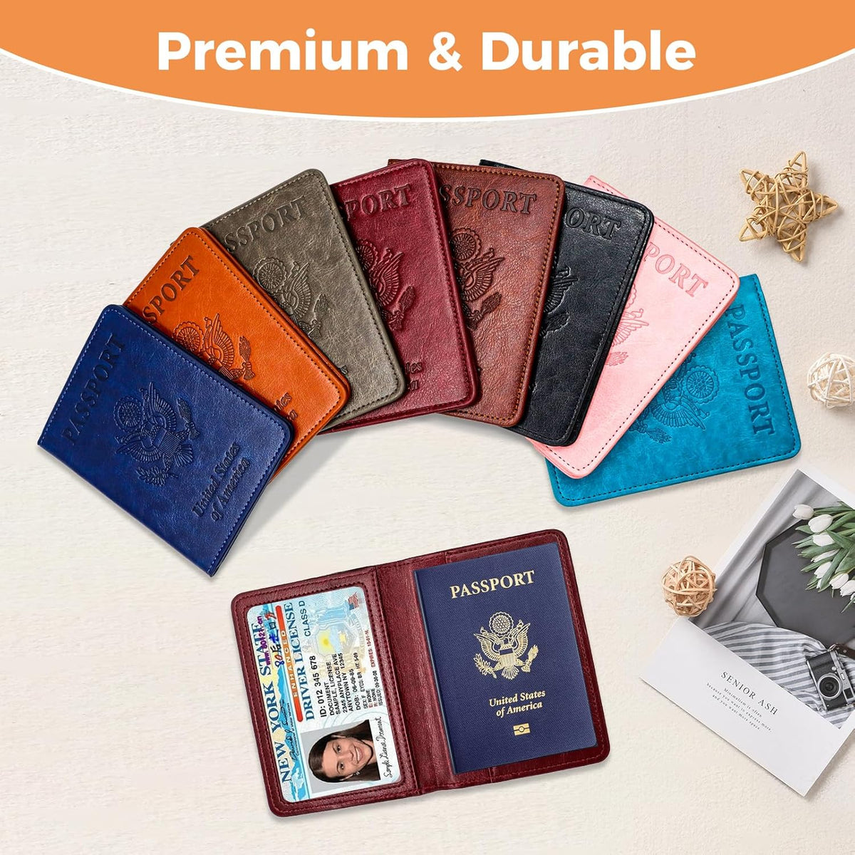 Passport Holder for Travel Essentials RFID Blocking Wallet Card Case PU Leather Passport Cover Women and Men (Blue)