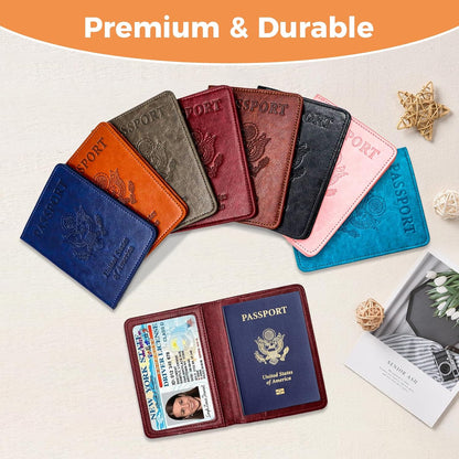 Passport Holder for Travel Essentials RFID Blocking Wallet Card Case PU Leather Passport Cover Women and Men (Blue)