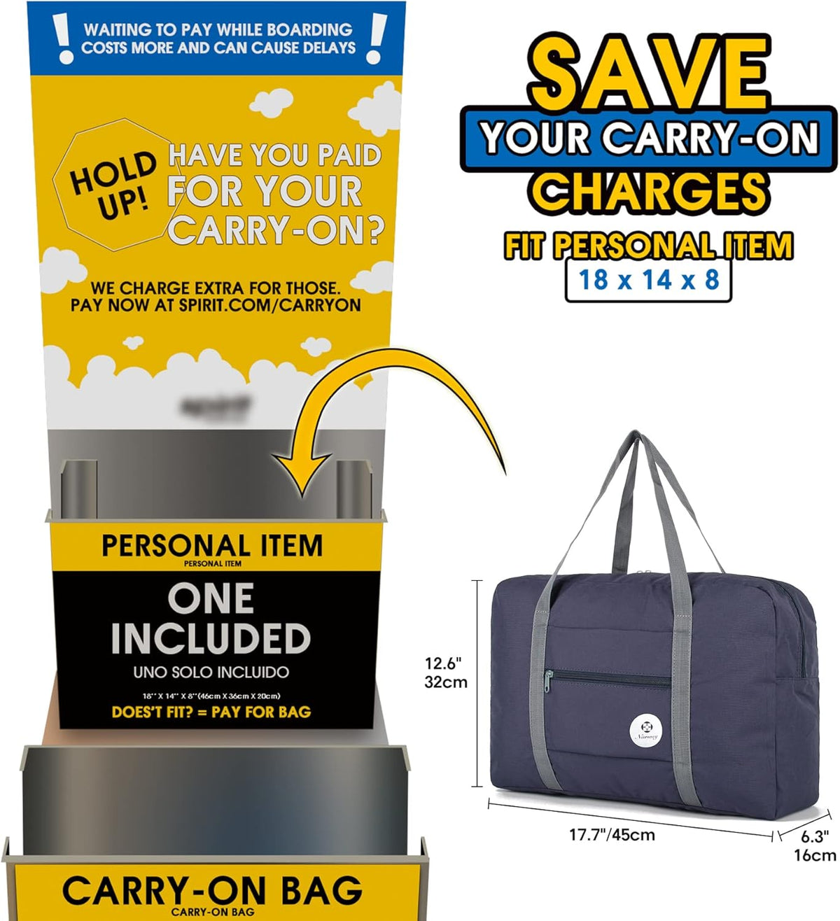 For Spirit Airlines Personal Item Bag Foldable Travel Duffel Bag Tote Carry on Luggage Duffle Overnight for Women and Men