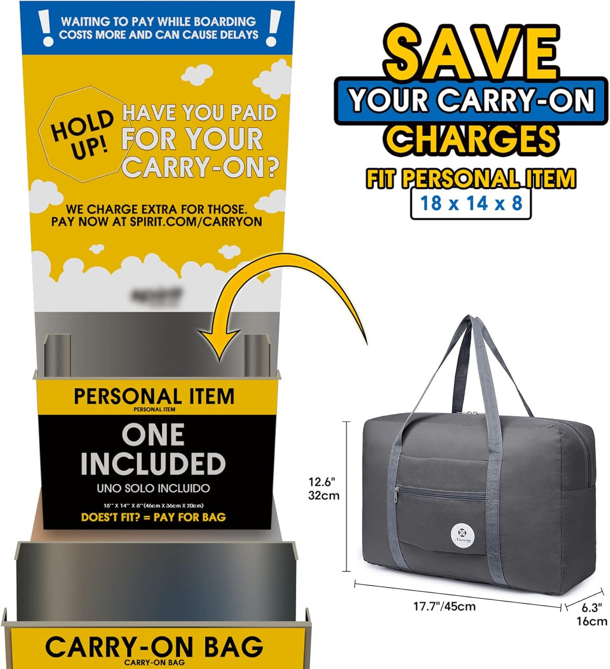 For Spirit Airlines Personal Item Bag Foldable Travel Duffel Bag Tote Carry on Luggage Duffle Overnight for Women and Men