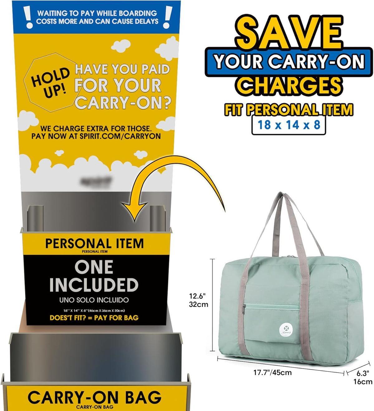 For Spirit Airlines Personal Item Bag Foldable Travel Duffel Bag Tote Carry on Luggage Duffle Overnight for Women and Men