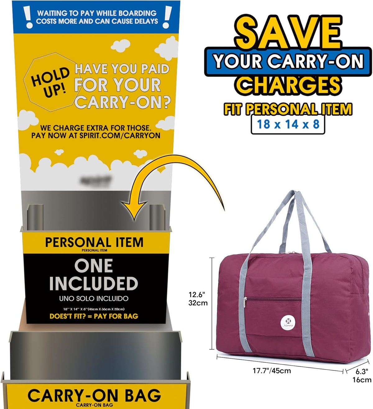 For Spirit Airlines Personal Item Bag Foldable Travel Duffel Bag Tote Carry on Luggage Duffle Overnight for Women and Men