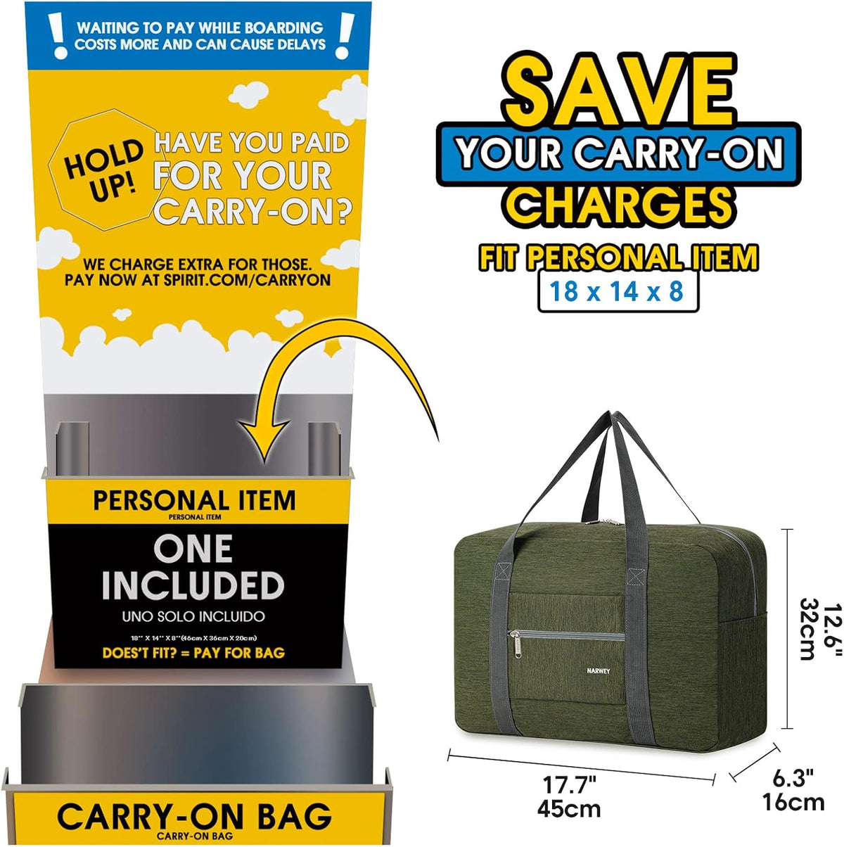 For Spirit Airlines Personal Item Bag Foldable Travel Duffel Bag Tote Carry on Luggage Duffle Overnight for Women and Men