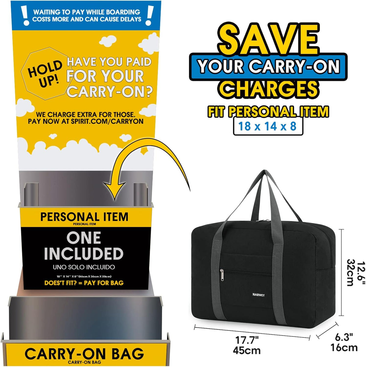For Spirit Airlines Personal Item Bag Foldable Travel Duffel Bag Tote Carry on Luggage Duffle Overnight for Women and Men