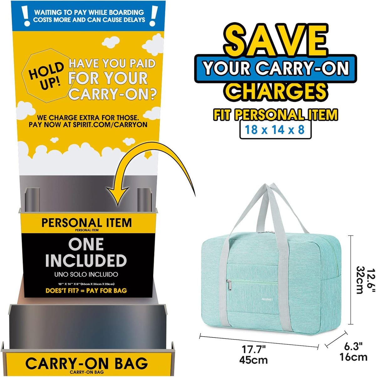 For Spirit Airlines Personal Item Bag Foldable Travel Duffel Bag Tote Carry on Luggage Duffle Overnight for Women and Men