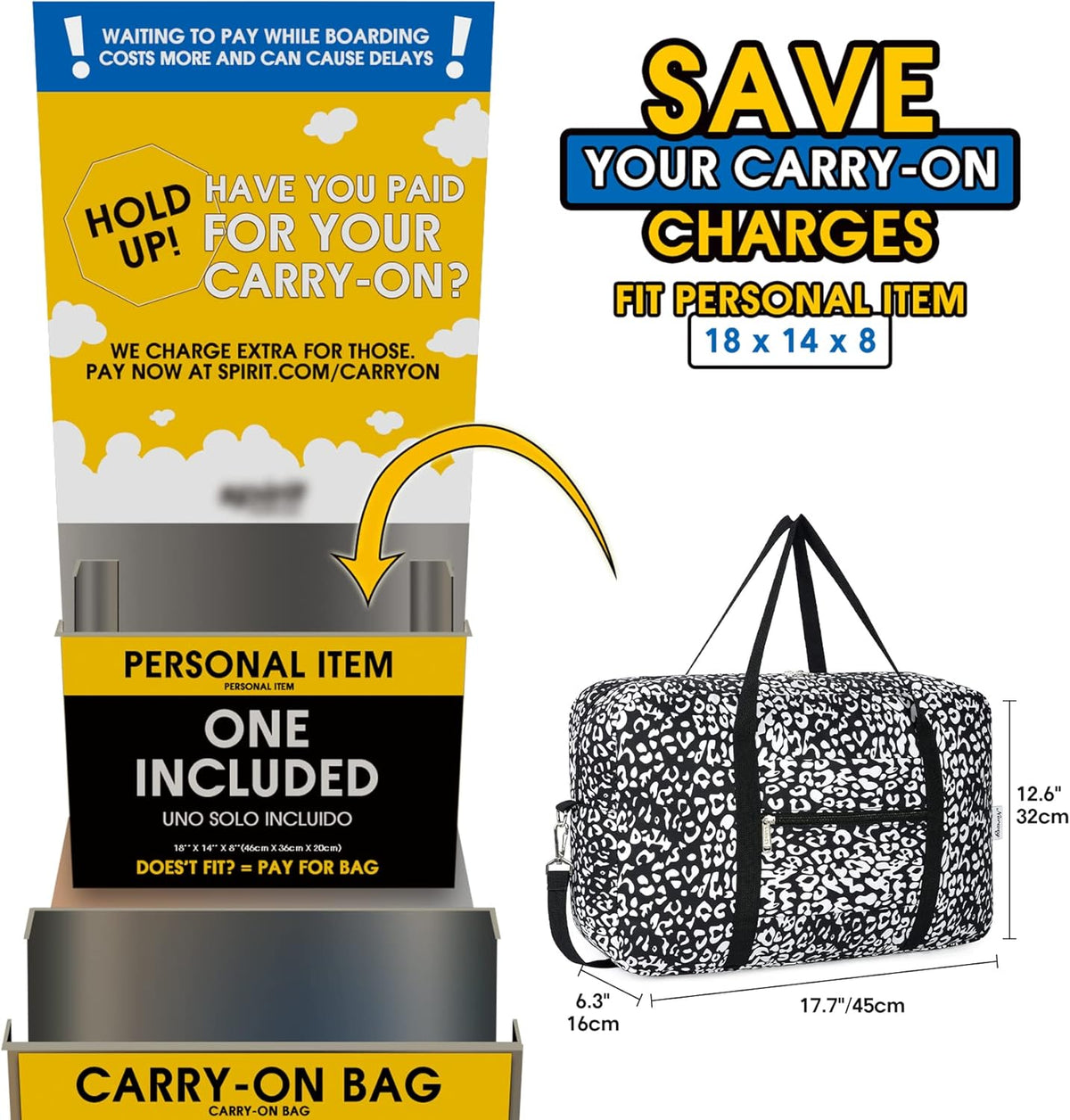 For Spirit Airlines Personal Item Bag Foldable Travel Duffel Bag Tote Carry on Luggage Duffle Overnight for Women and Men