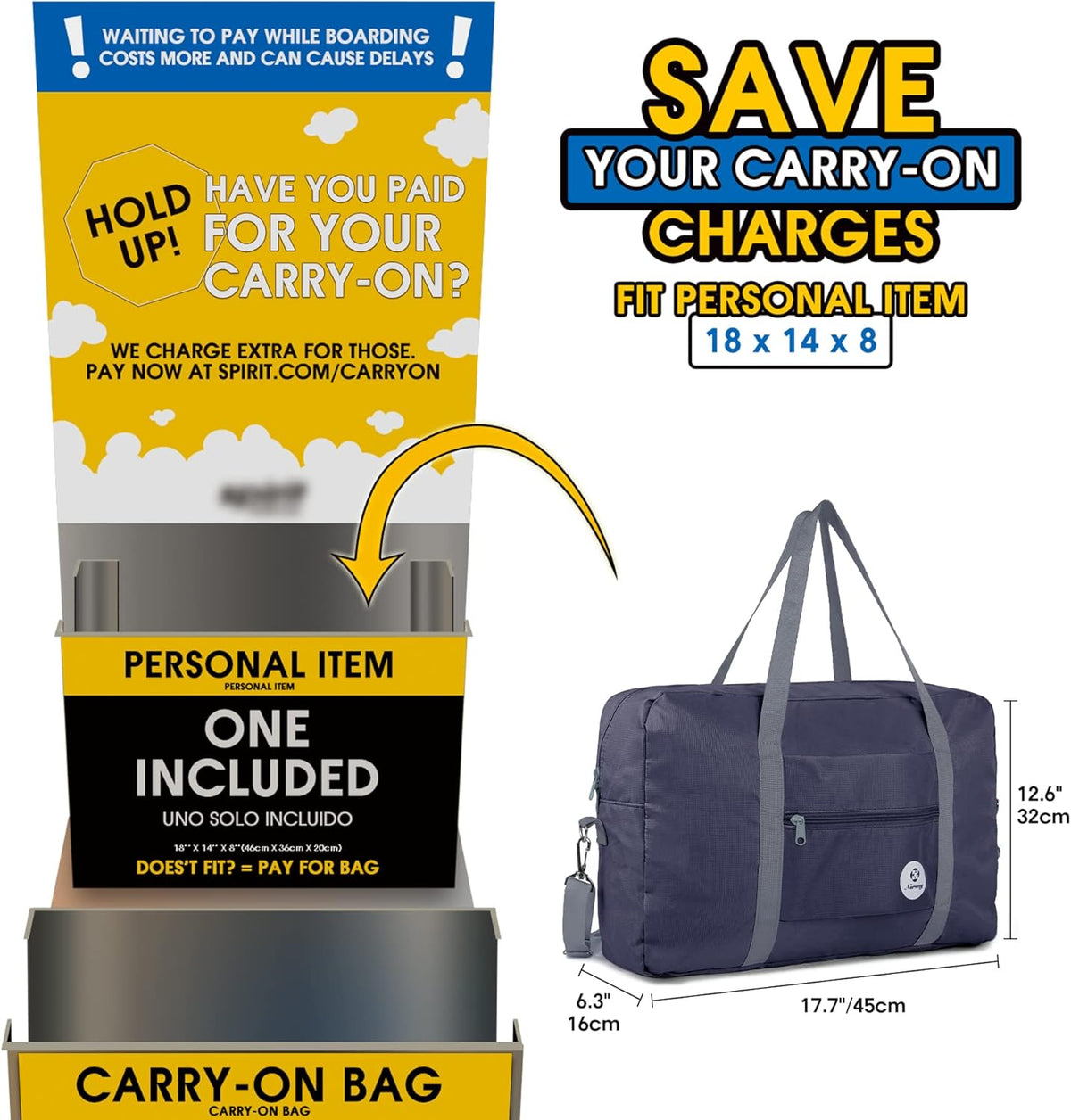 For Spirit Airlines Personal Item Bag Foldable Travel Duffel Bag Tote Carry on Luggage Duffle Overnight for Women and Men