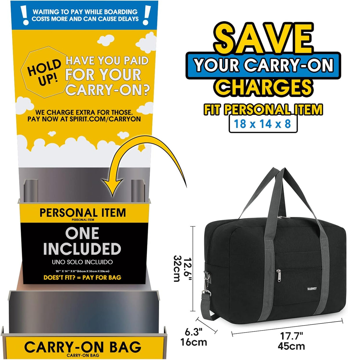 For Spirit Airlines Personal Item Bag Foldable Travel Duffel Bag Tote Carry on Luggage Duffle Overnight for Women and Men
