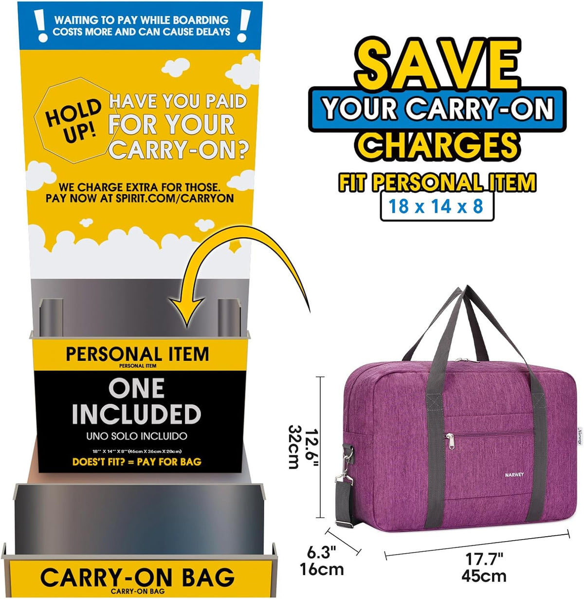 For Spirit Airlines Personal Item Bag Foldable Travel Duffel Bag Tote Carry on Luggage Duffle Overnight for Women and Men