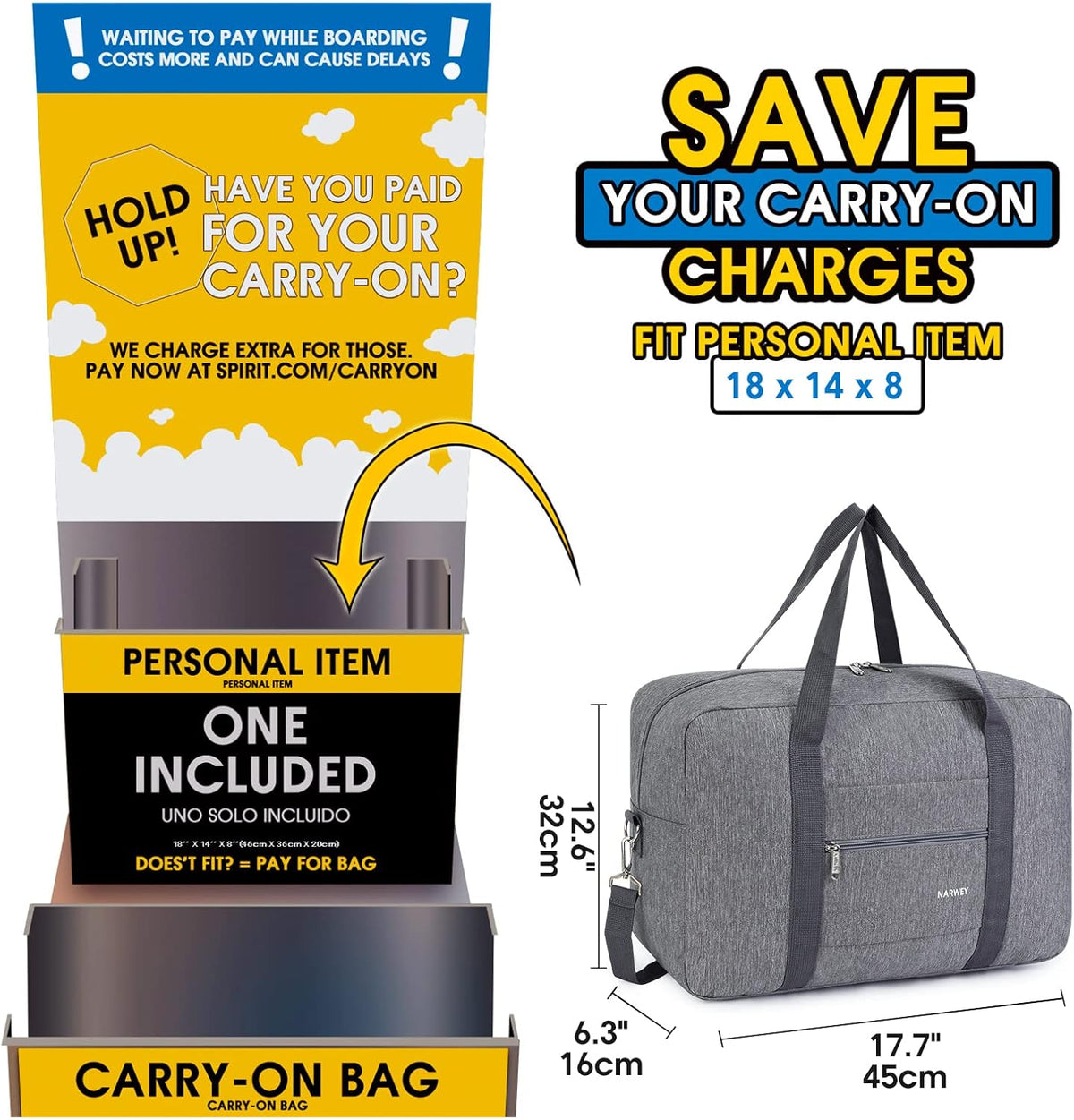 For Spirit Airlines Personal Item Bag Foldable Travel Duffel Bag Tote Carry on Luggage Duffle Overnight for Women and Men