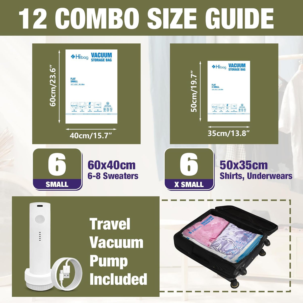 Travel Vacuum Bags with Electric Pump, Vacuum Travel Bags for Luggage and Suitcase, Combo 12 Pack