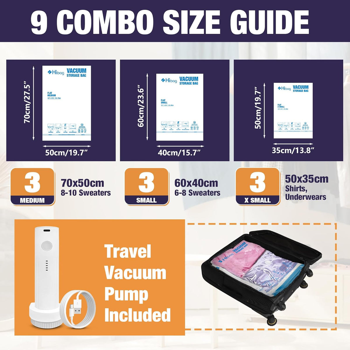 Travel Vacuum Bags with Electric Pump, Vacuum Travel Bags for Luggage and Suitcase, Combo 12 Pack