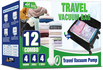 Travel Vacuum Bags with Electric Pump, Vacuum Travel Bags for Luggage and Suitcase, Combo 12 Pack