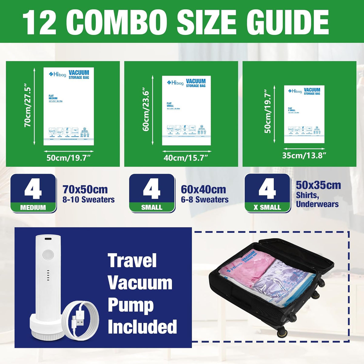 Travel Vacuum Bags with Electric Pump, Vacuum Travel Bags for Luggage and Suitcase, Combo 12 Pack
