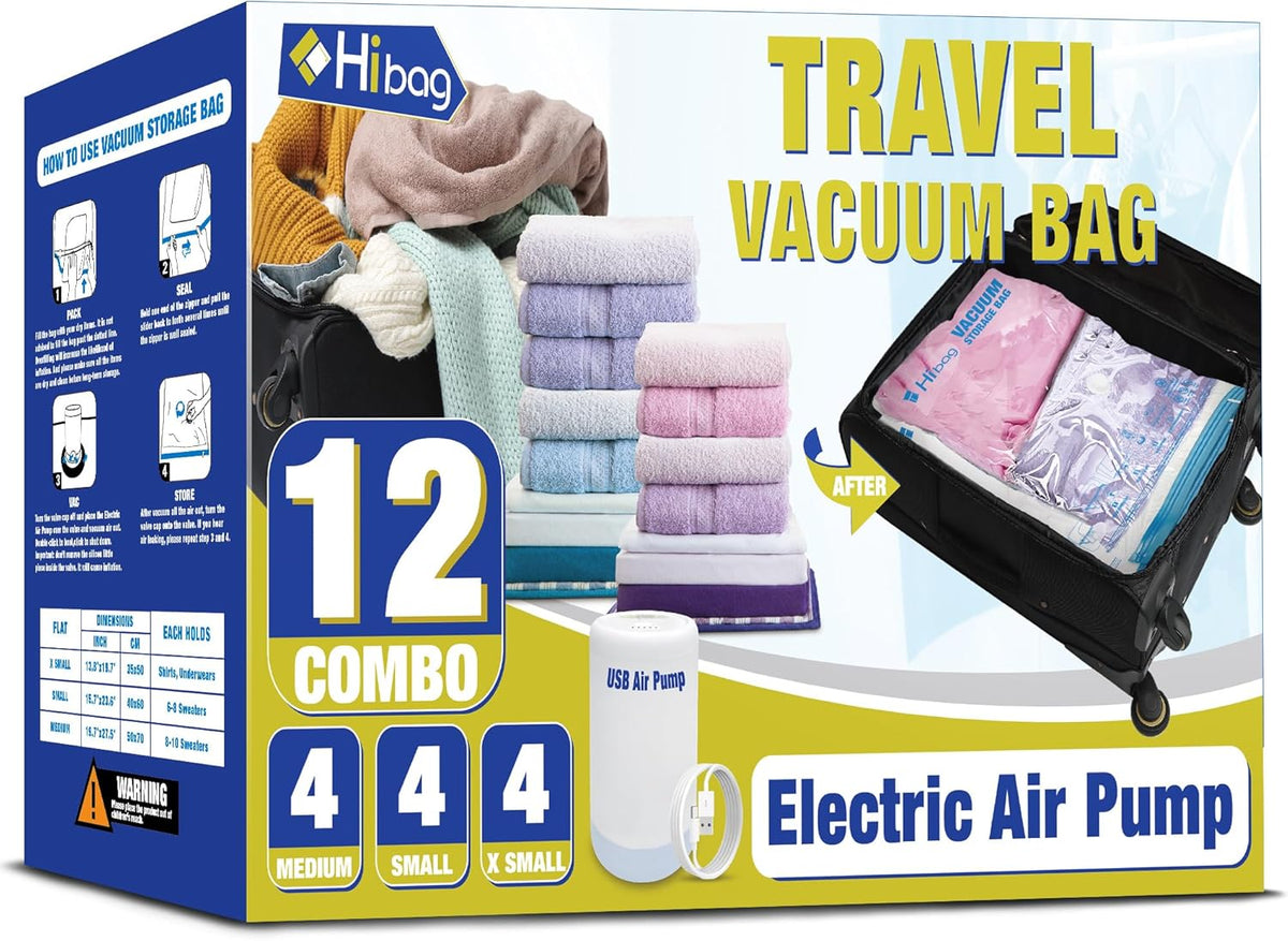 Travel Vacuum Bags with Electric Pump, Vacuum Travel Bags for Luggage and Suitcase, Combo 12 Pack