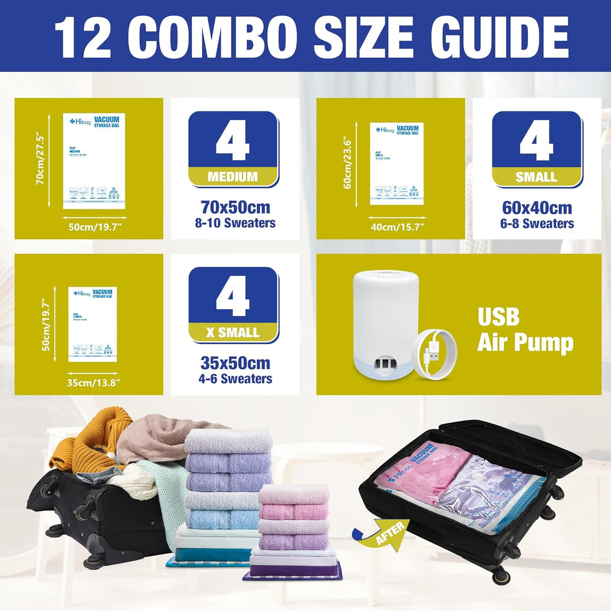 Travel Vacuum Bags with Electric Pump, Vacuum Travel Bags for Luggage and Suitcase, Combo 12 Pack