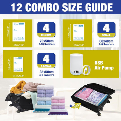 Travel Vacuum Bags with Electric Pump, Vacuum Travel Bags for Luggage and Suitcase, Combo 12 Pack