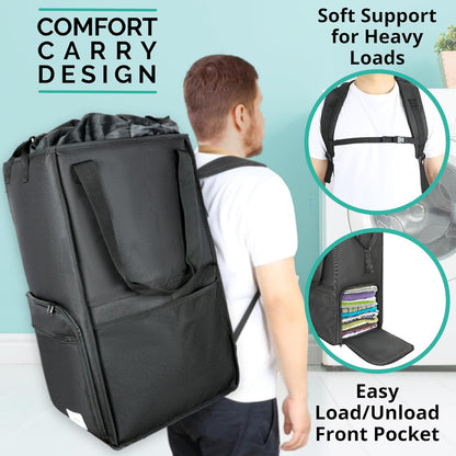 College Essentials Travel Size Laundry Backpack - Portable, Durable, Foldable - Laundry Bag with Pockets for College Dorms - Extra Large Laundry Carrying Bag with Strap (Black)