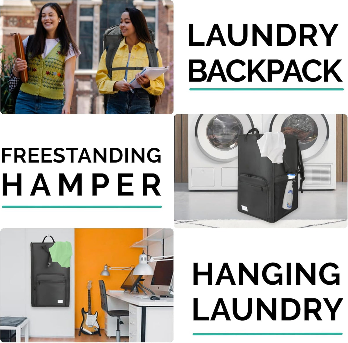 College Essentials Travel Size Laundry Backpack - Portable, Durable, Foldable - Laundry Bag with Pockets for College Dorms - Extra Large Laundry Carrying Bag with Strap (Black)