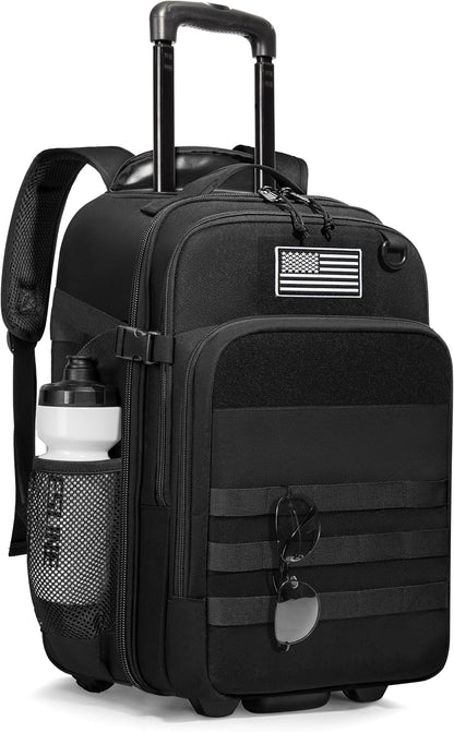 Rolling Tactical Laptop Backpack, Underseat Travel Backpack | Wheeled Carry-On Luggage, 17" Laptop Sleeve, 4 Expandable Pockets, Molle Loop Panel, 3 Carrying Options, Lockable Zipper