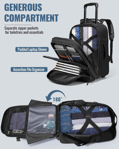Rolling Tactical Laptop Backpack, Underseat Travel Backpack | Wheeled Carry-On Luggage, 17" Laptop Sleeve, 4 Expandable Pockets, Molle Loop Panel, 3 Carrying Options, Lockable Zipper
