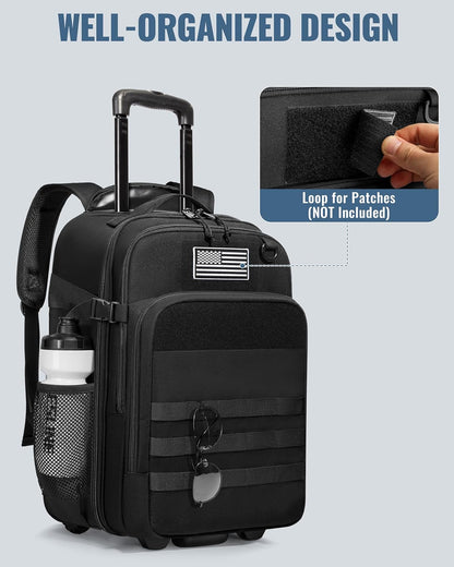 Rolling Tactical Laptop Backpack, Underseat Travel Backpack | Wheeled Carry-On Luggage, 17" Laptop Sleeve, 4 Expandable Pockets, Molle Loop Panel, 3 Carrying Options, Lockable Zipper