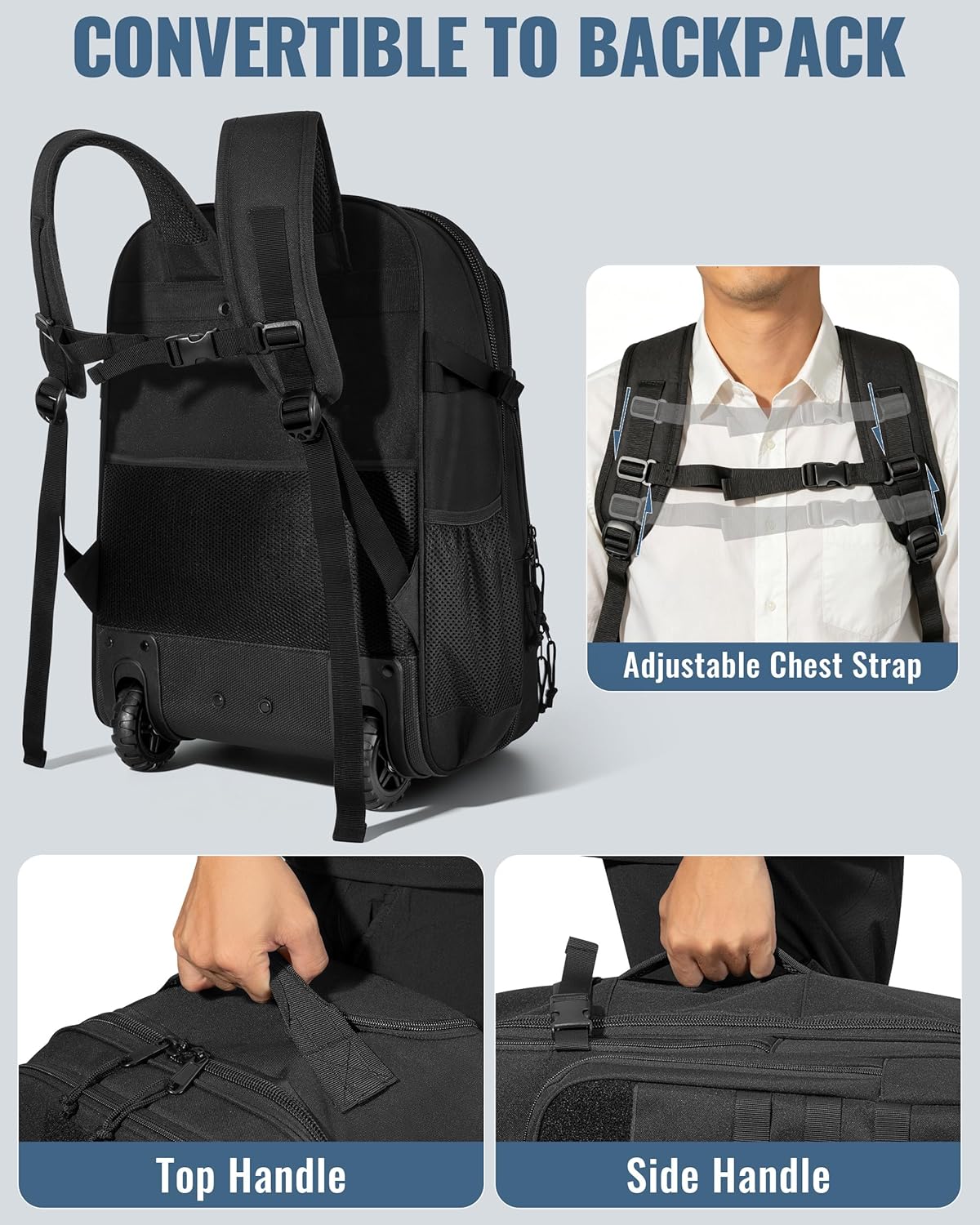 Rolling Tactical Laptop Backpack, Underseat Travel Backpack | Wheeled Carry-On Luggage, 17" Laptop Sleeve, 4 Expandable Pockets, Molle Loop Panel, 3 Carrying Options, Lockable Zipper