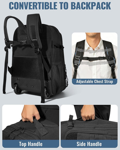Rolling Tactical Laptop Backpack, Underseat Travel Backpack | Wheeled Carry-On Luggage, 17" Laptop Sleeve, 4 Expandable Pockets, Molle Loop Panel, 3 Carrying Options, Lockable Zipper