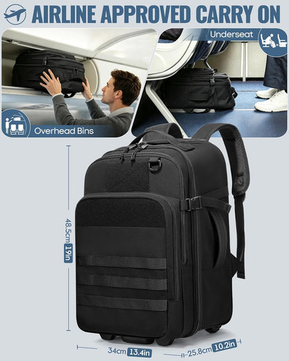 Rolling Tactical Laptop Backpack, Underseat Travel Backpack | Wheeled Carry-On Luggage, 17" Laptop Sleeve, 4 Expandable Pockets, Molle Loop Panel, 3 Carrying Options, Lockable Zipper